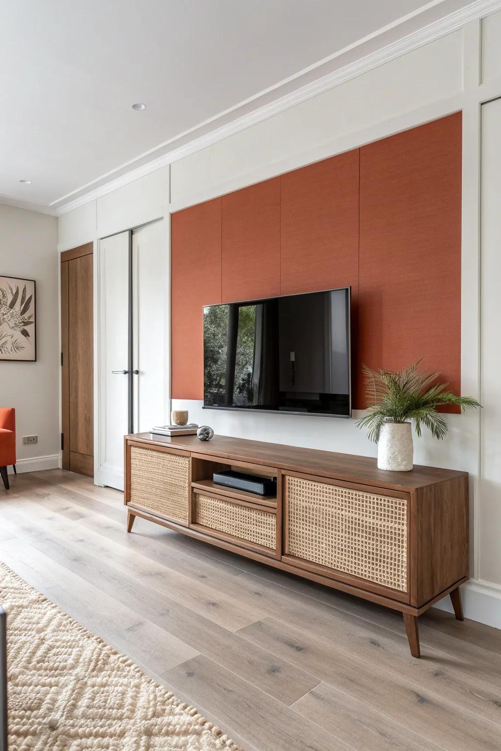 A low wood console on the short wall keeps a long living room calm, balanced, and inviting.