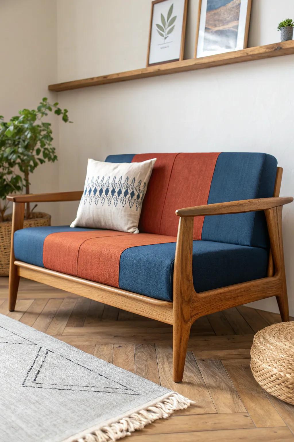 Color-block a bold loveseat against calm walls for a happy statement with effortless balance.