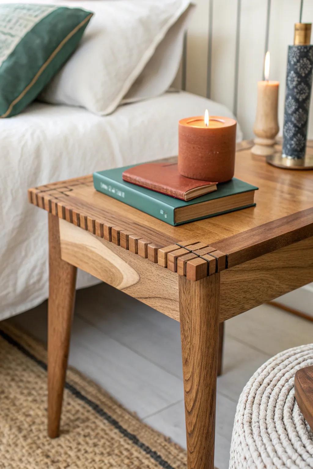 A petite hardwood side table adds balance by the loveseat—perfect for coffee, books, and candles.