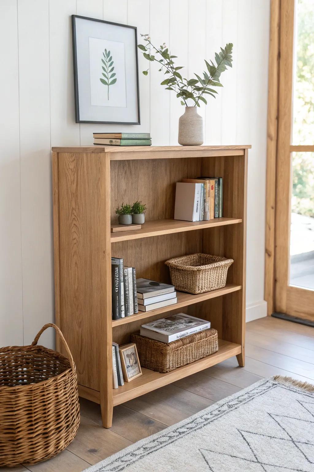 A low bookshelf with mixed shelf heights—perfect for art books, cookbooks, and big magazines.