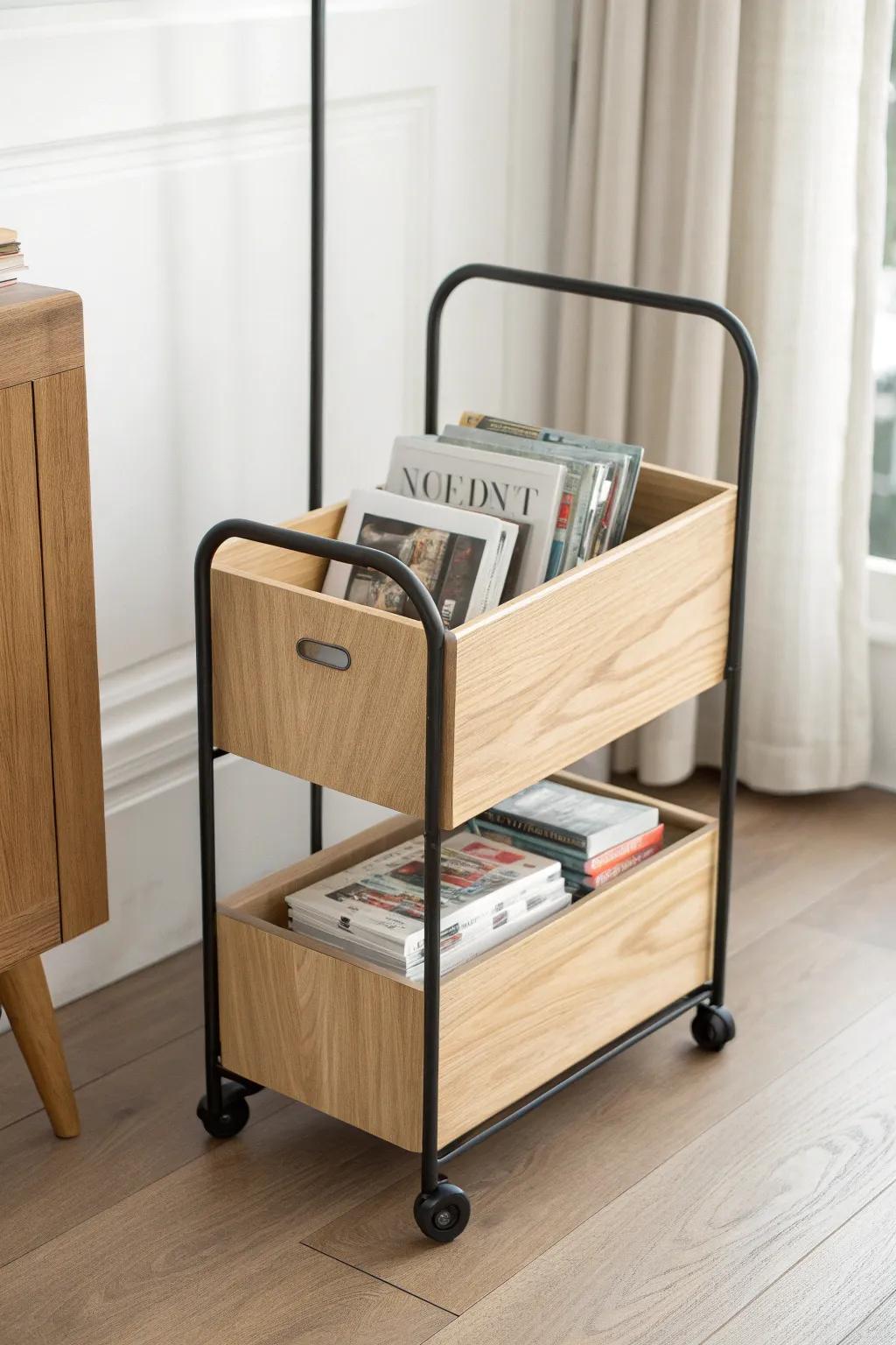 A sleek rolling oak magazine cart—move your current reads from sofa to porch in style.