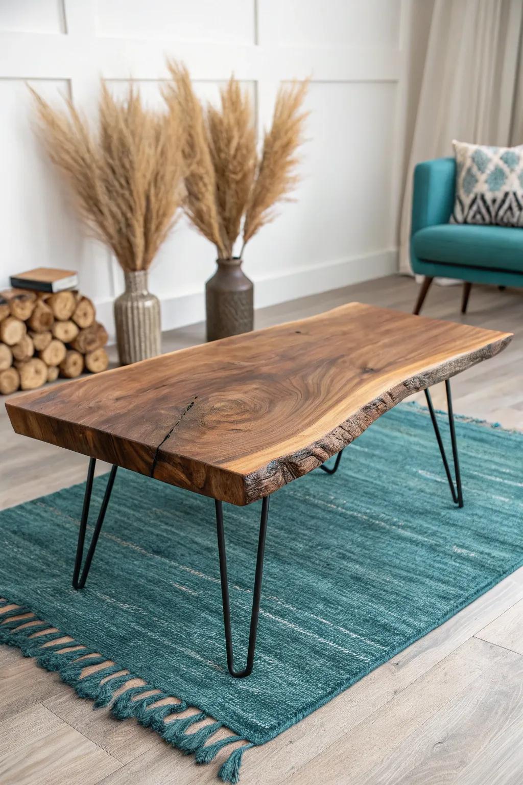 Live-edge slab statement table with matte finish and black steel legs—instant man cave centerpiece.