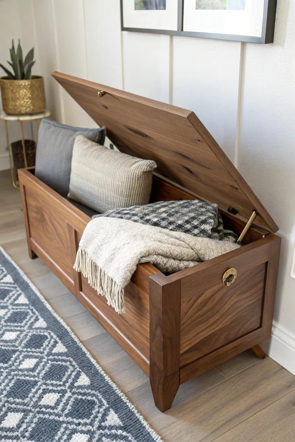 Flip-top walnut bench storage—soft-close hinges and a sleek hideaway for blankets.