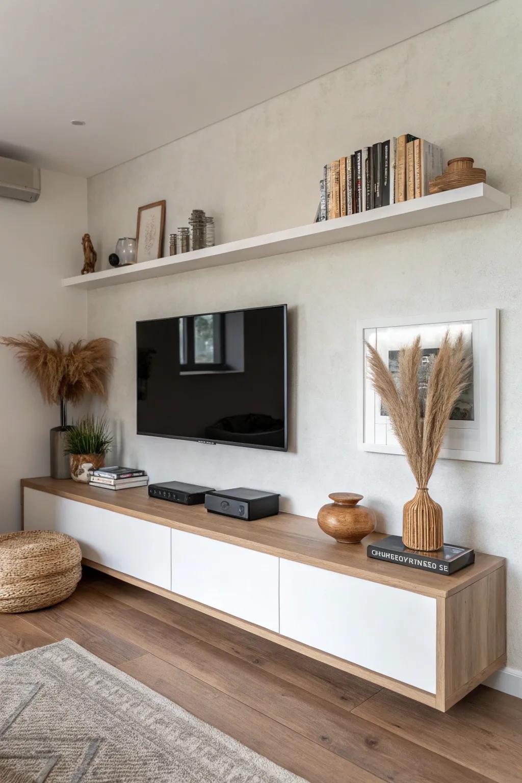 Corner TV wall with wraparound oak shelves—clean, cozy, and crafted for tight man caves.