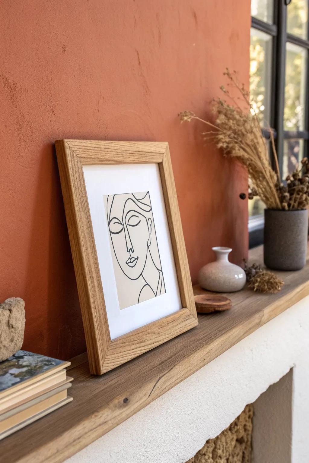 Oak-framed monochrome line art with plenty of negative space for an instantly elevated mantel.