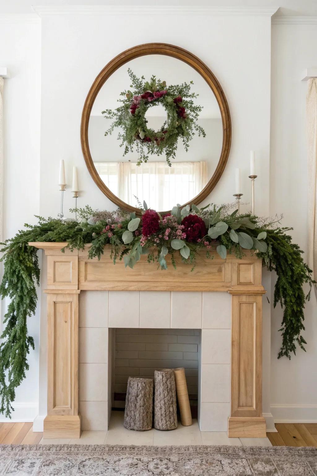 Emerald garland hugs a handcrafted oak mirror—minimal mantel magic with cozy contrast.