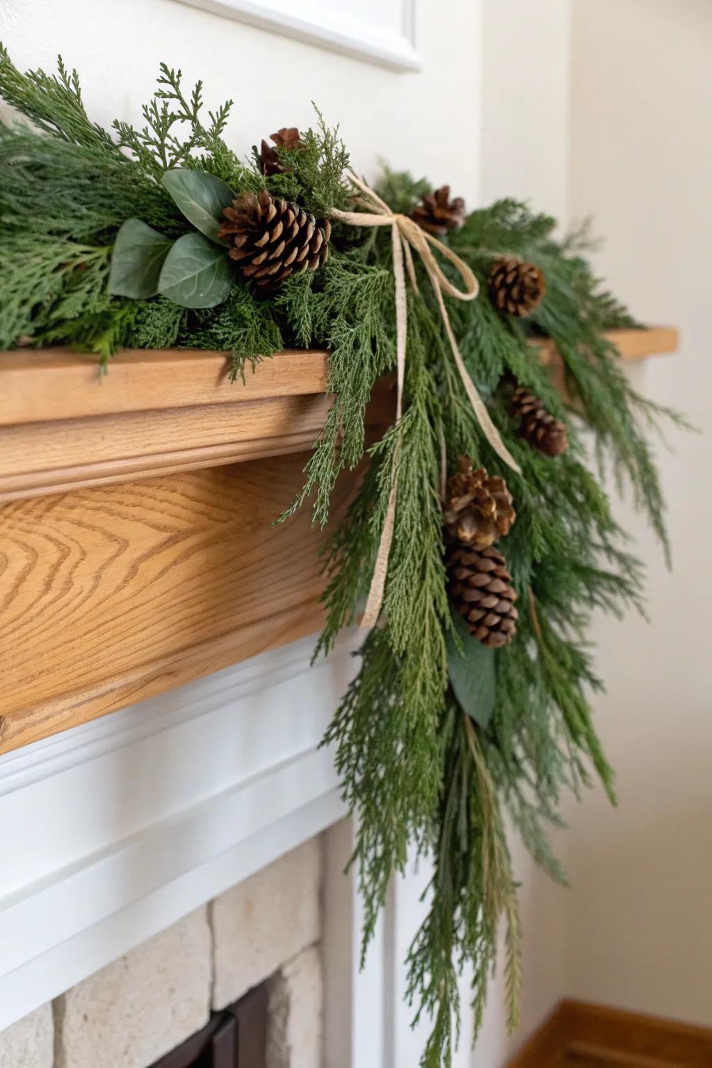 Rustic cedar swag with pinecones and bark for an effortless, just-gathered mantel look.