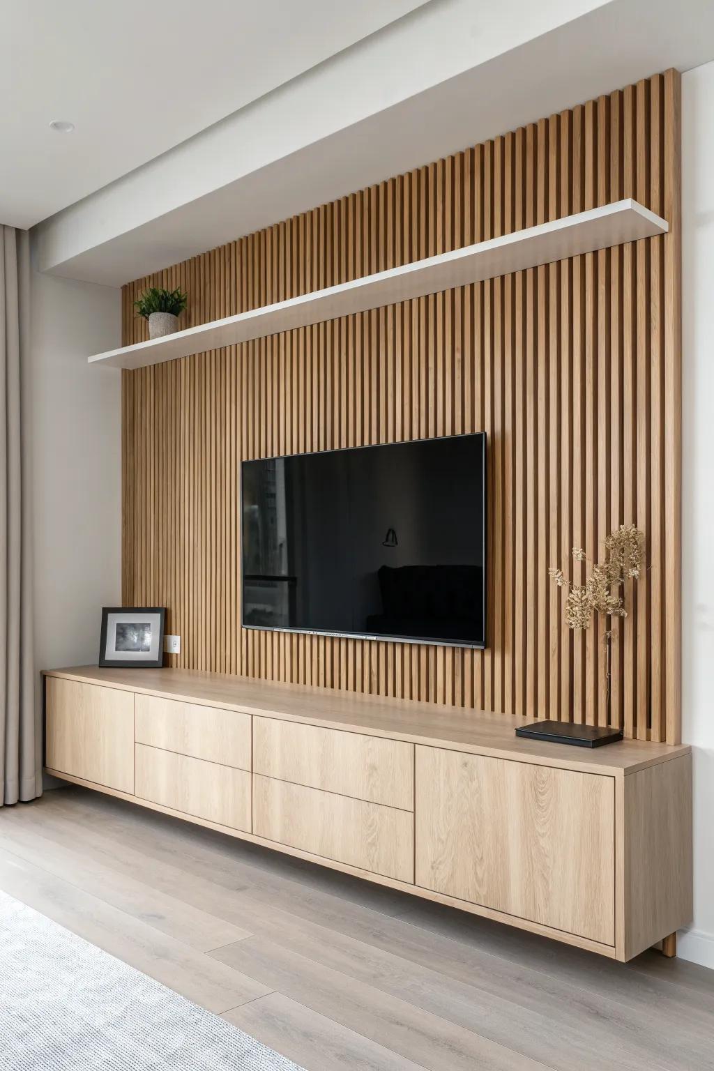 Oak slat media wall + matching base cabinets—minimal, warm, and beautifully crafted.