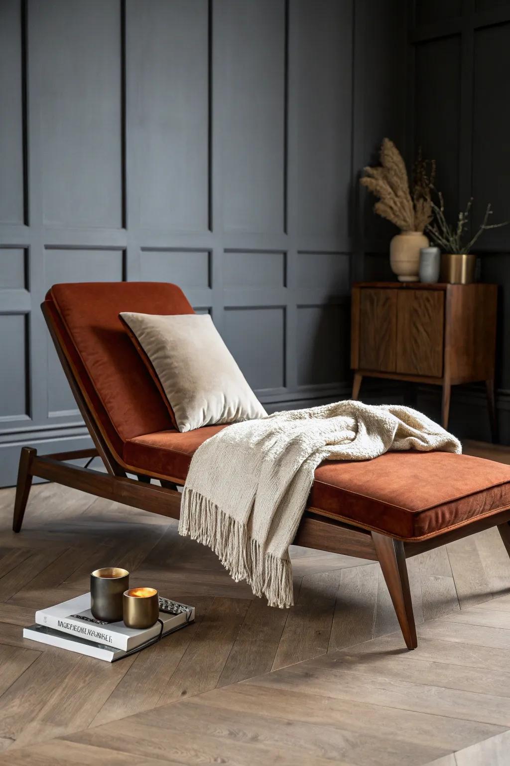 Walnut-stained chaise lounge with velvet warmth—your media room’s chic “movie nap” spot.