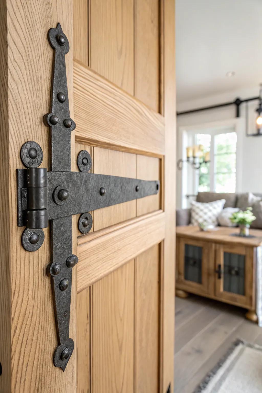 Castle vibes, modern calm: a bold iron strap hinge and latch on warm oak for instant medieval charm.