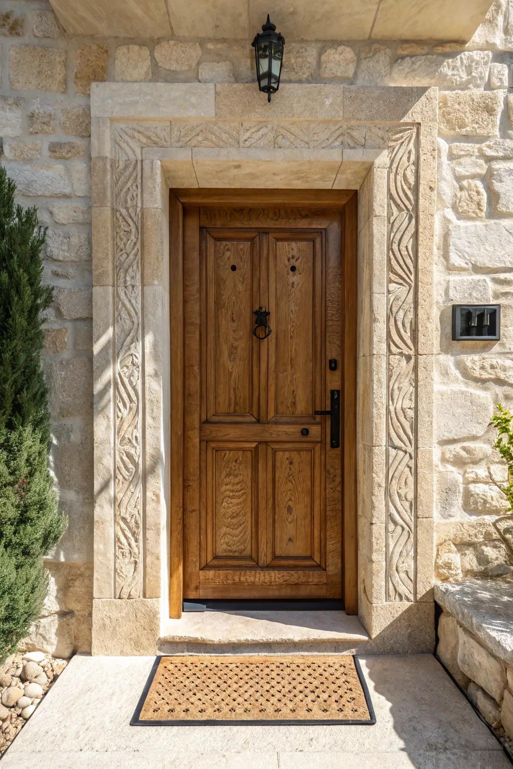 Recessed entry + textured stone surround makes a Mediterranean door feel dramatic and timeless.