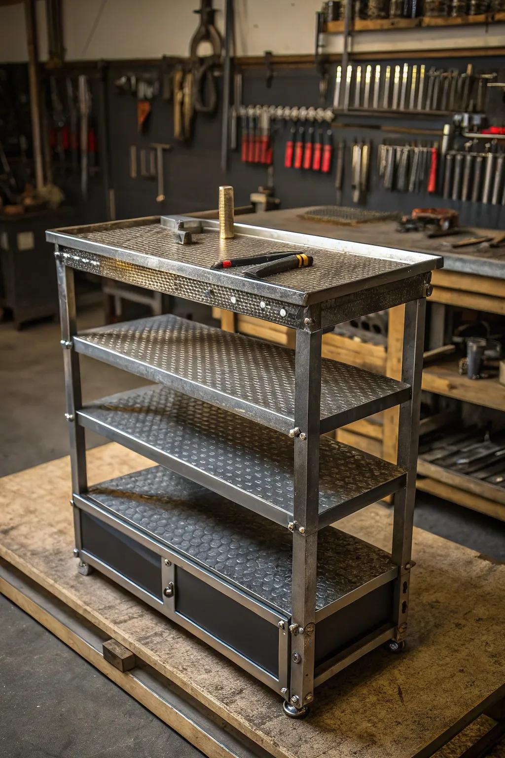 Elevate your workspace with this stunning multi-level metal workbench, where craftsmanship meets organization.