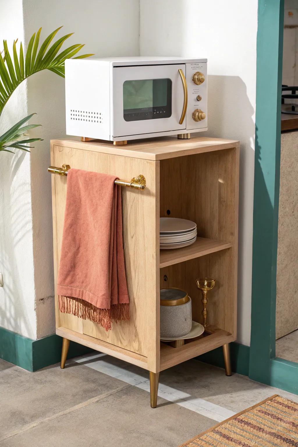 A sleek oak microwave stand with a brass towel bar—small upgrade, big everyday luxury.