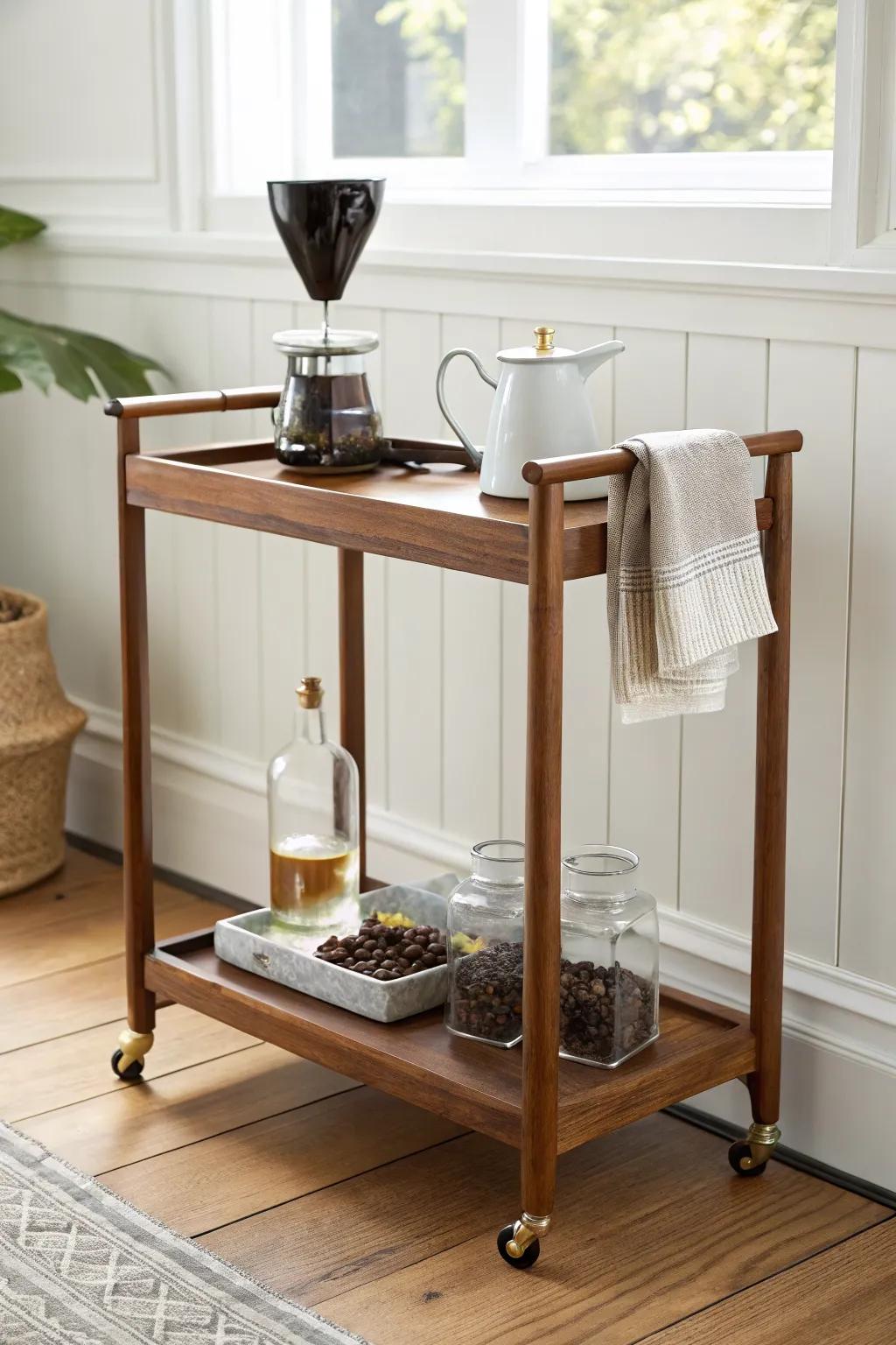 Slim walnut coffee bar cart: mid-century lines, bold contrast, perfect for small-space brewing.