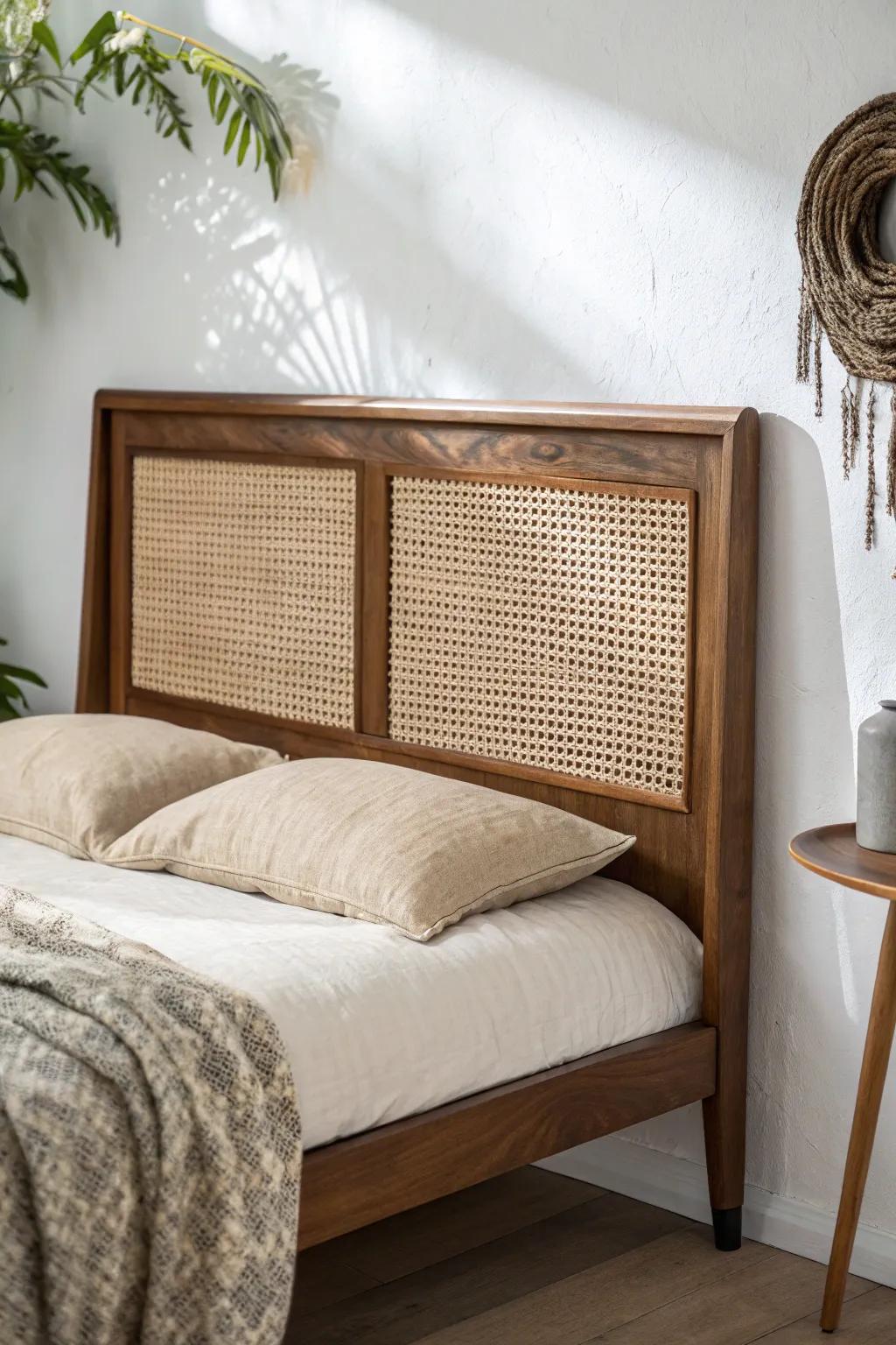 Warm walnut frame + cane webbing insert: a light, textured mid-century headboard with modern contrast.