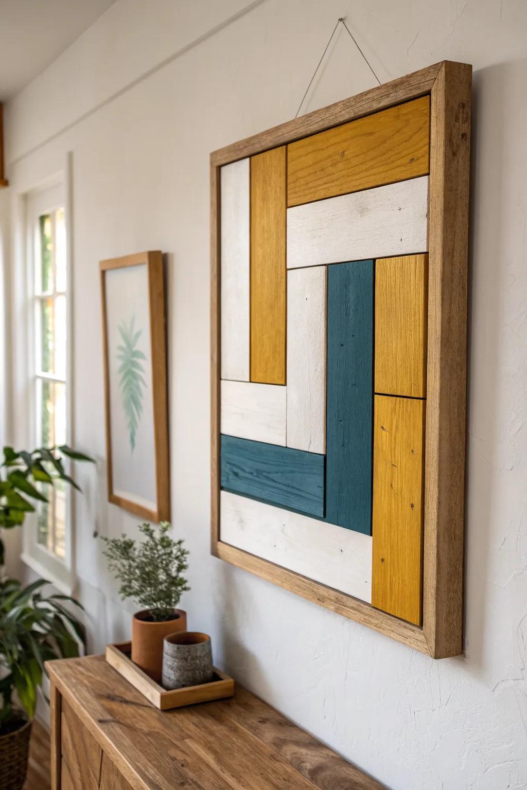 Mid‑century color‑block wood panel art—mustard, teal & warm white with rich grain texture.