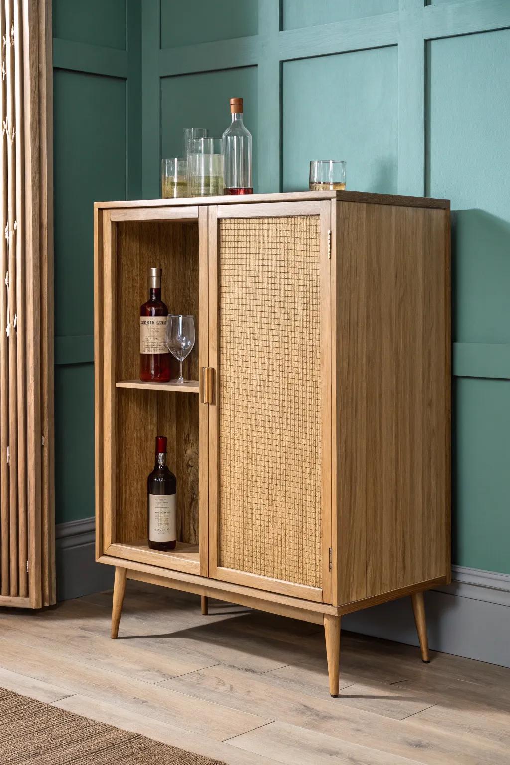 Slatted-door mini bar cabinet in warm oak and cane, set against deep teal for bold contrast.