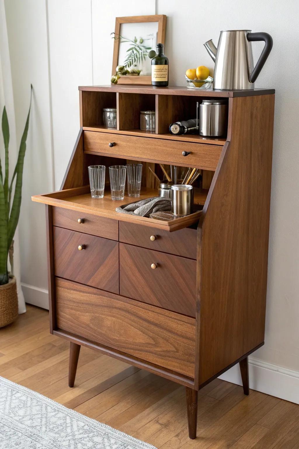 Weekend glow-up: a repurposed dresser becomes a chic mini bar with custom tool dividers.
