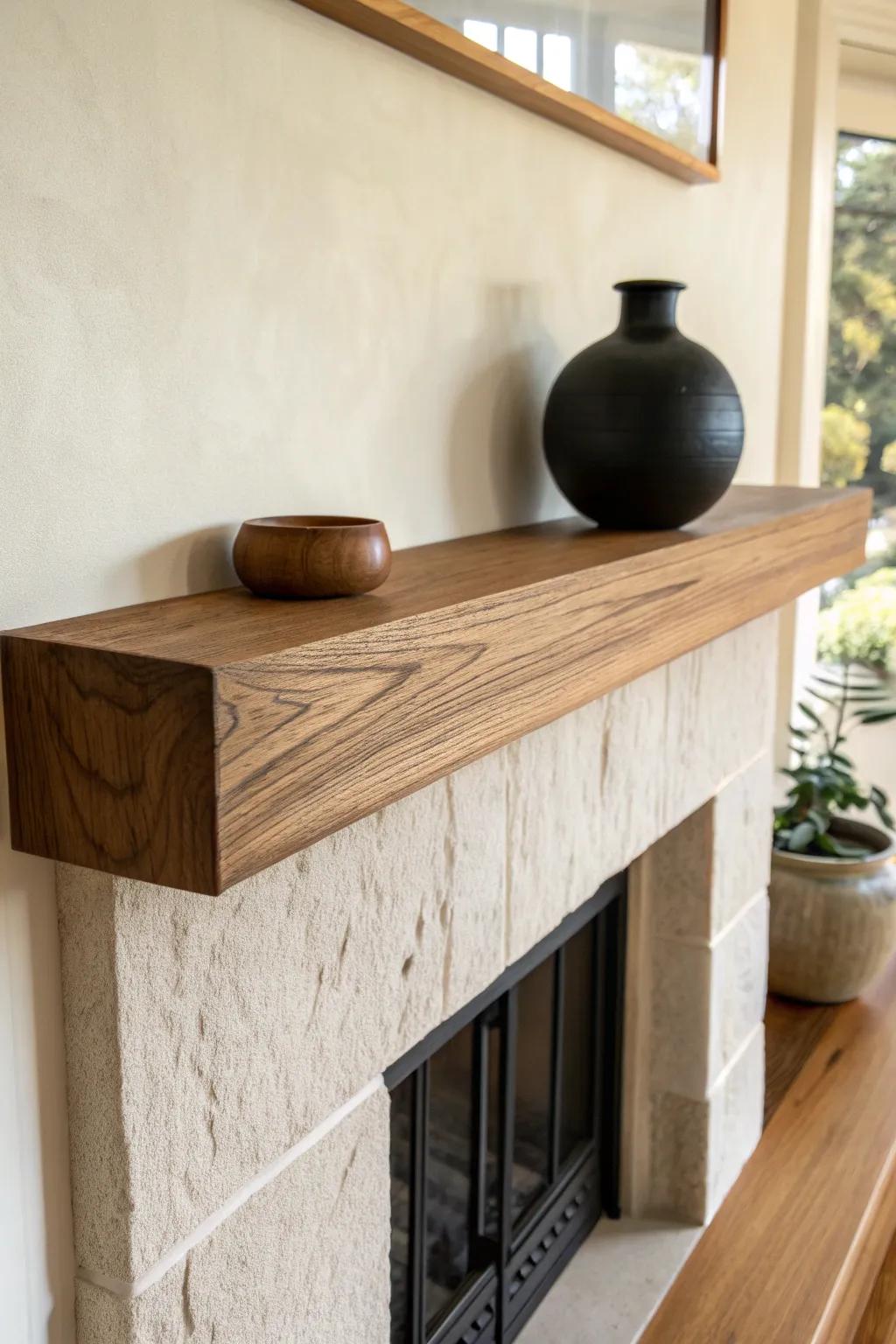 Warm neutrals + soft black: a minimalist mantel look that feels calm, crafted, and luxe.