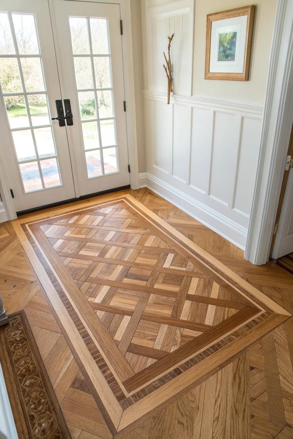 A foyer “rug” crafted from mixed hardwoods—bold contrast, clean lines, pure warmth.