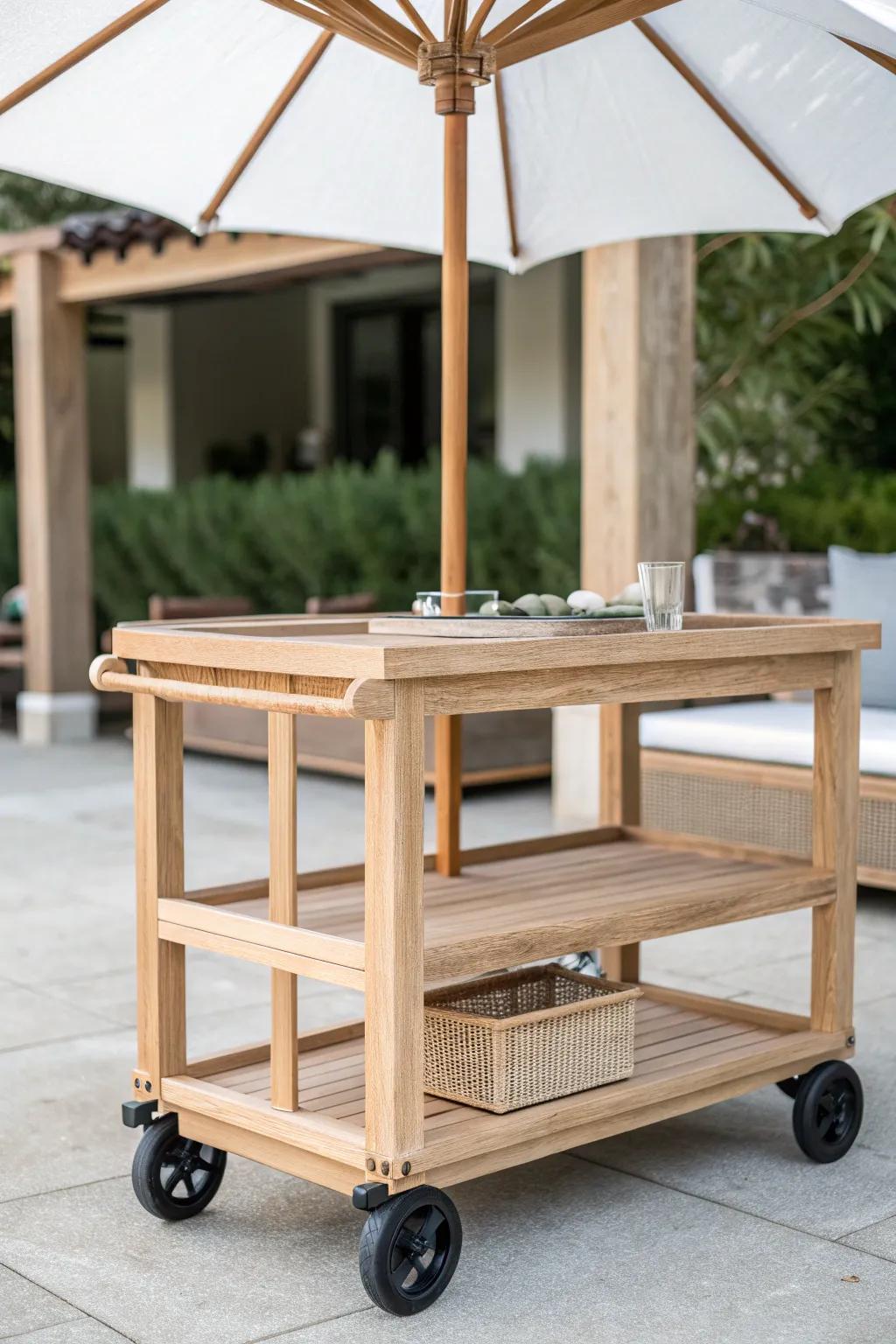 A mobile umbrella bar cart that keeps drinks shaded—sealed oak, clean lines, outdoor-ready.