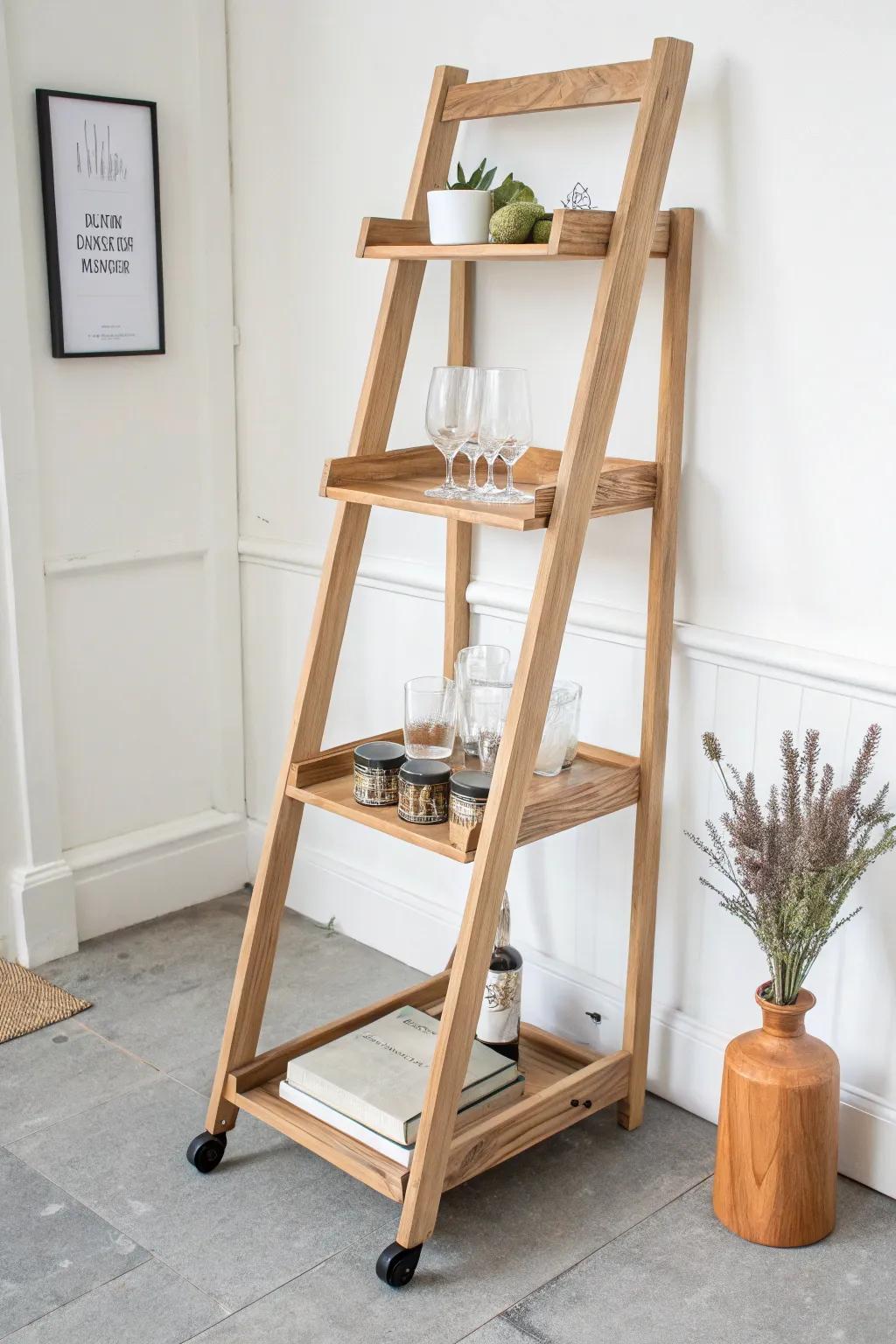 A sleek ladder-shelf mobile bar on casters—minimal, handcrafted, and ready to roll.