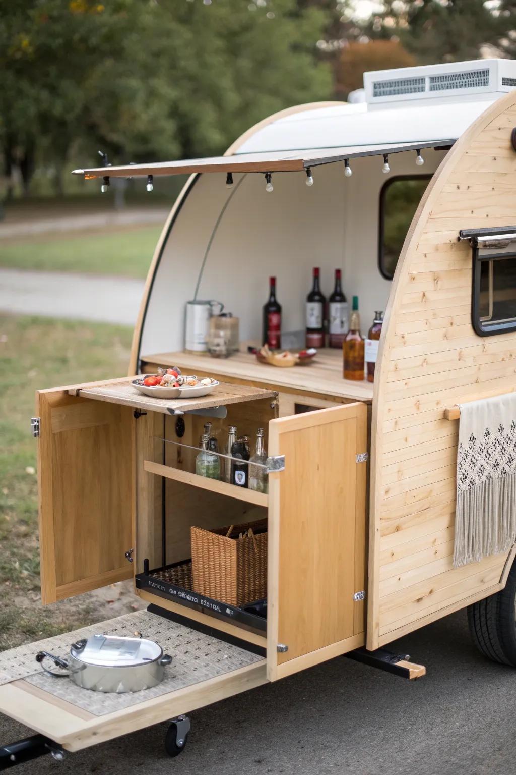 Flip-out cocktail prep table with removable cutting board—stylish, space-smart trailer upgrade.