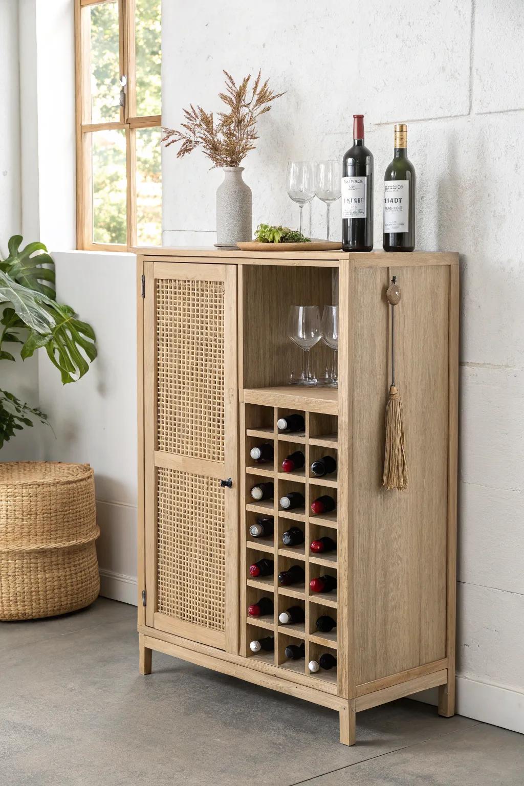 A sleek oak bar cabinet with a custom wine grid—minimal, warm, and perfectly bottle-sized.