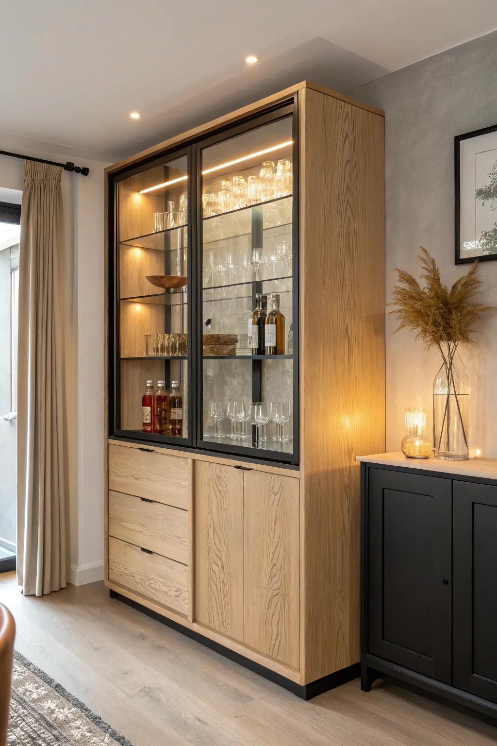 Glass-front cabinet with warm interior lighting—modern bar storage that feels calm and curated.