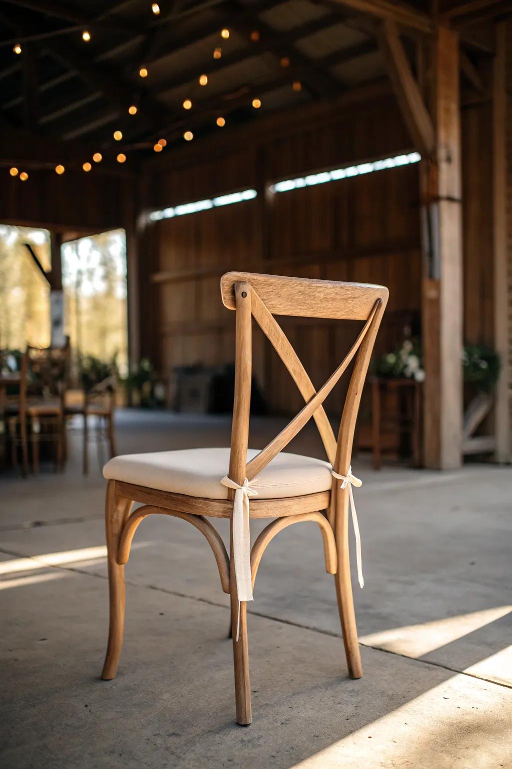 A single cross-back chair with an ivory cushion—rustic barn seating, instantly elevated.