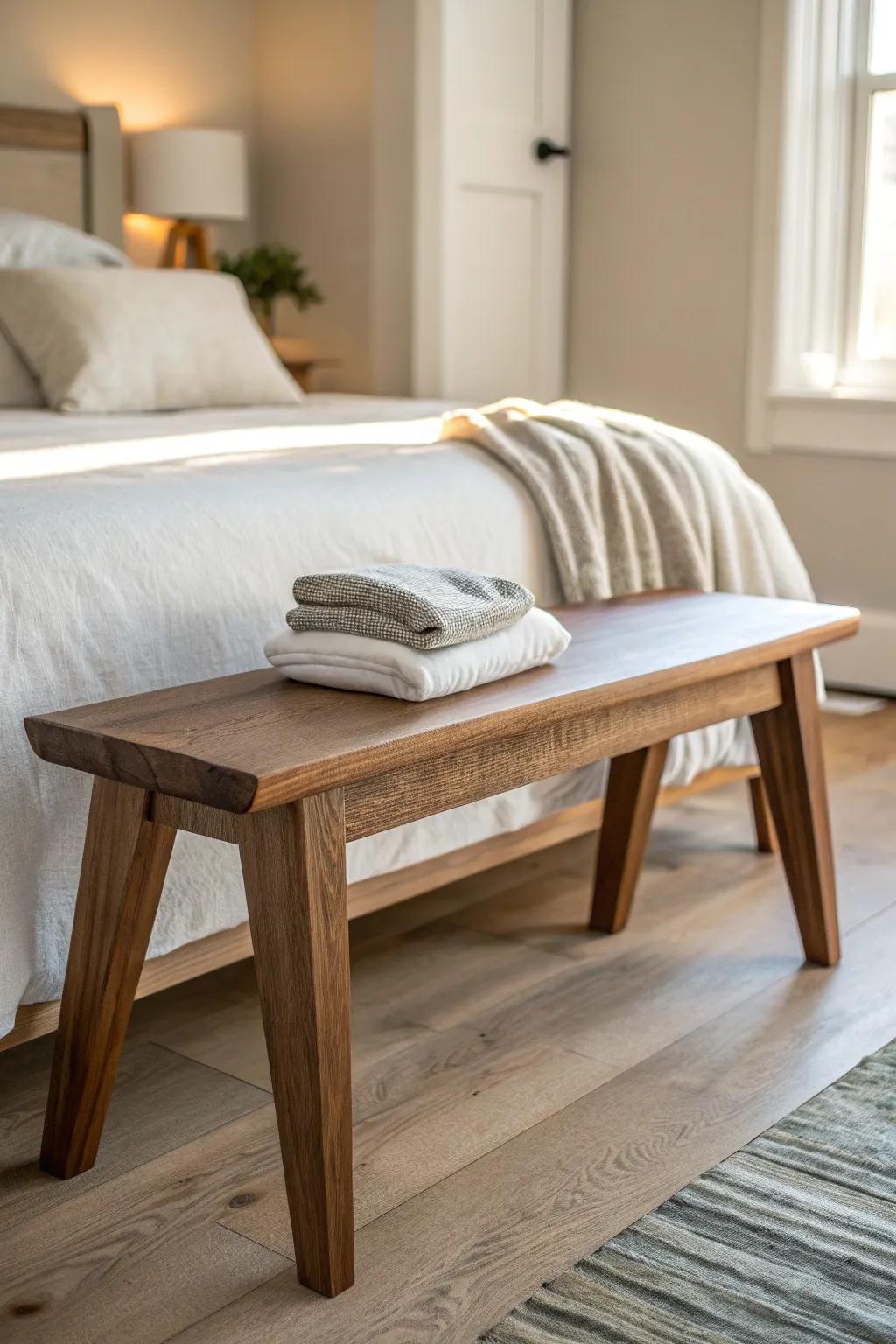 Two-tone reclaimed wood bench—light seat, dark legs—for modern contrast at the bed’s foot.