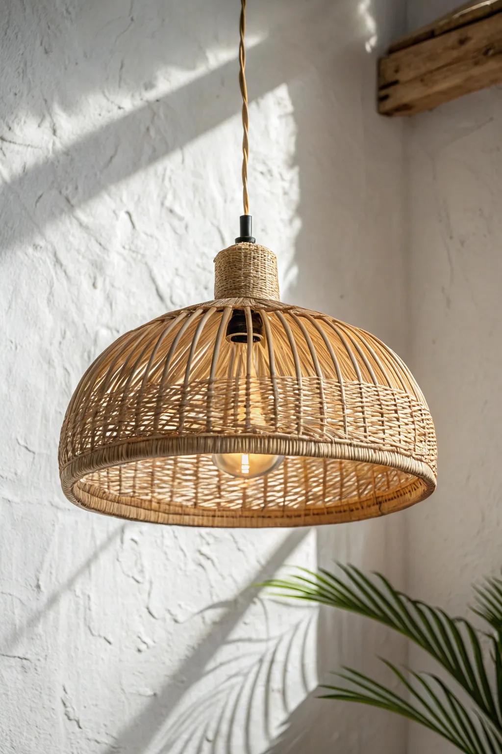Woven rattan pendant light casting soft, patterned shadows—instant modern boho bedroom glow.