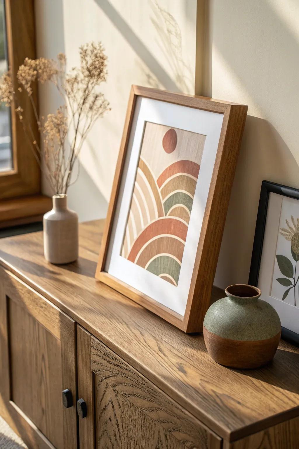 A walnut frame with earth-tone art adds custom warmth and contrast to modern brown walls.