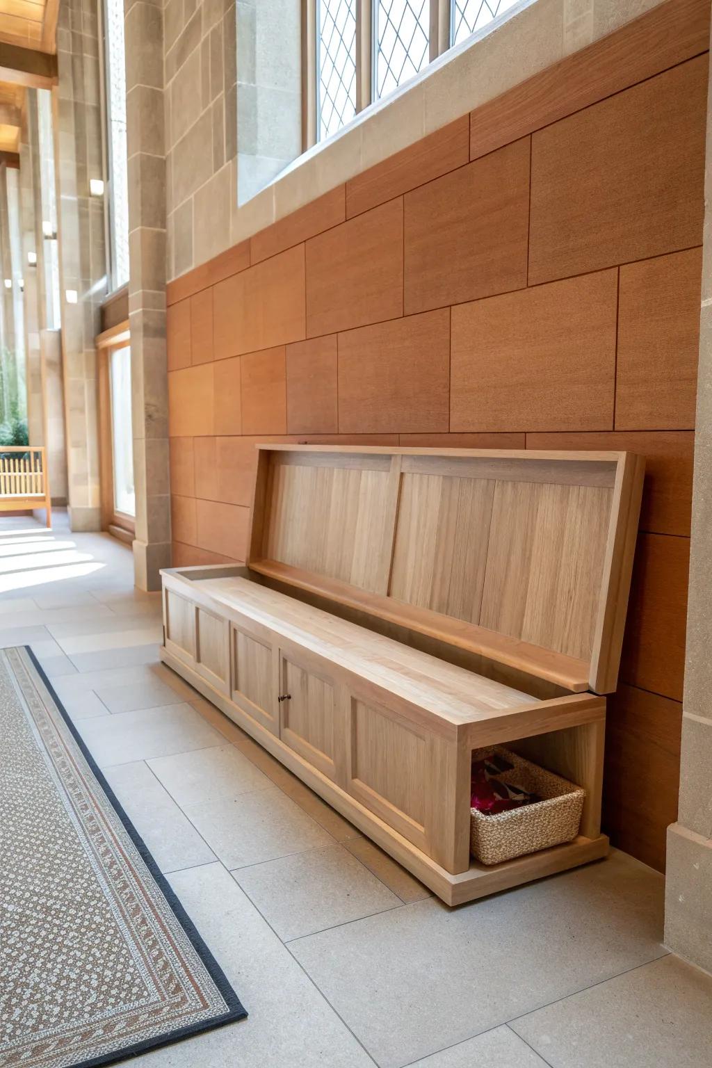 Modern church foyer: a sleek built-in oak bench with hidden lift-up storage for quick chats.