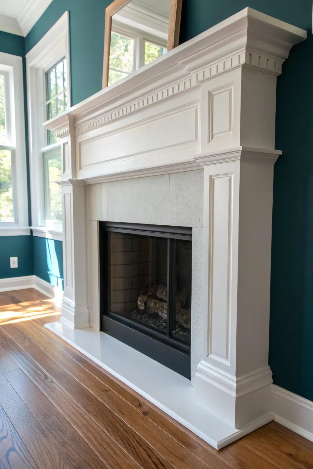 Crisp painted millwork and a slim mantel shelf give a classic fireplace a modern edge.