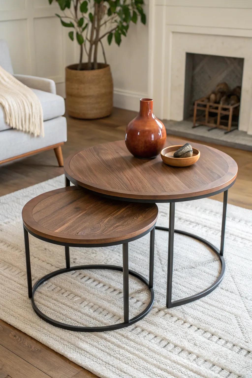 Walnut nesting tables that tuck away neatly—minimal, warm, and ready for guests.