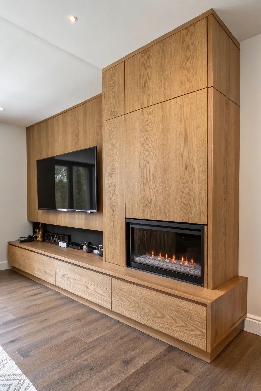 TV-friendly corner fireplace wall: slim oak mantel, calm plaster finish, bold contrast.