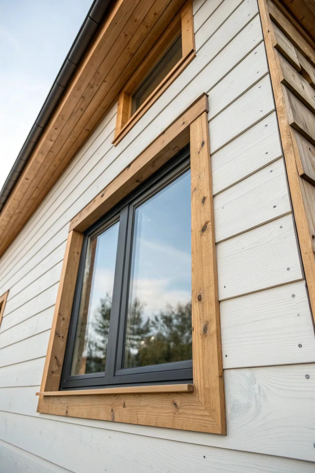 Reclaimed natural wood trim makes sleek windows glow against calm neutral siding.