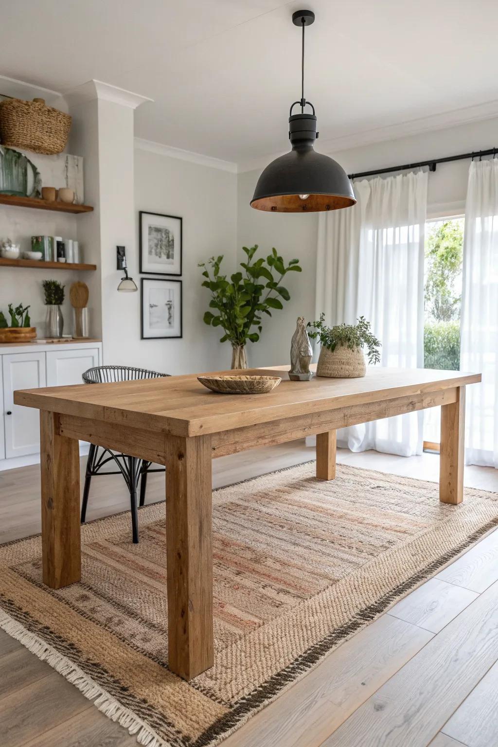 Zone an open layout with one solid-wood anchor—this oak table makes the space feel intentional.