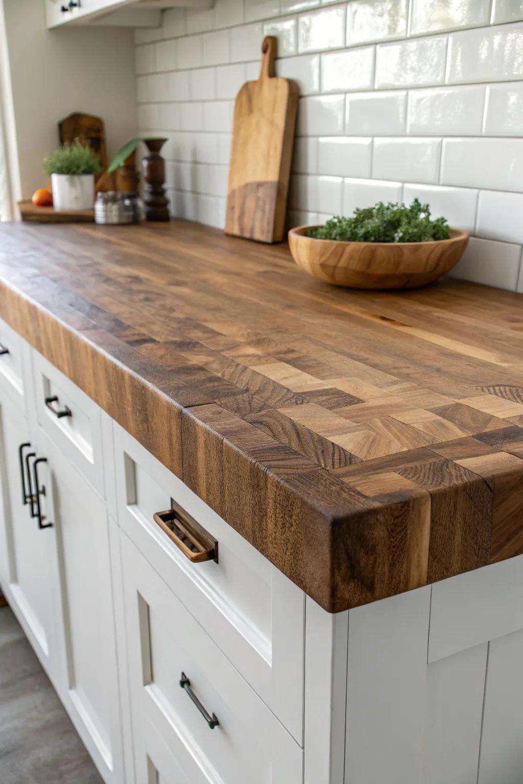 Thick butcher block with a chunky edge—modern farmhouse warmth with a hand-finished feel.