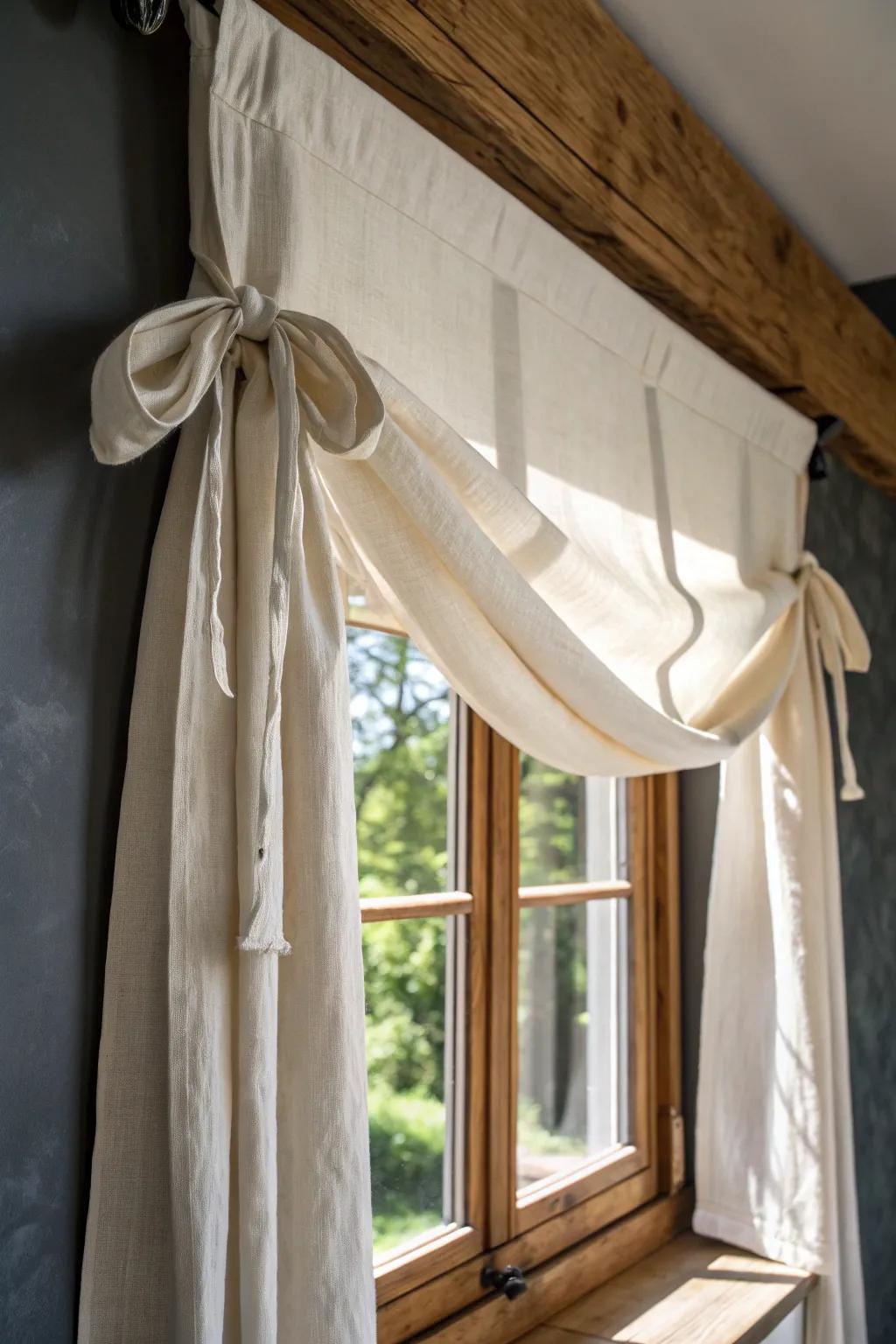 Cream cotton tie-up shade on a handcrafted oak window—easy farmhouse charm with bright, airy light.