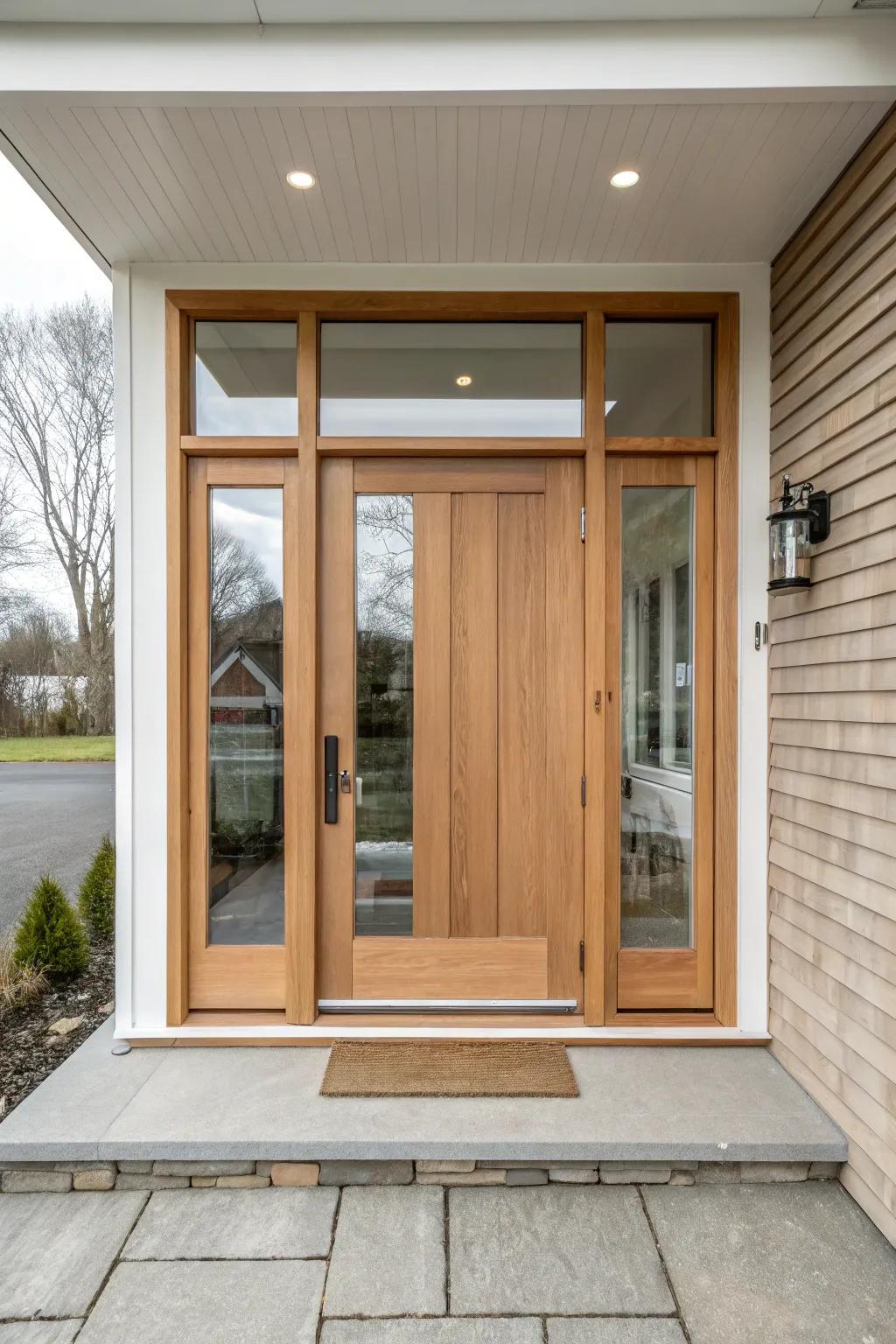 One continuous trim frame unifies door and sidelights into a crisp, custom modern rectangle.