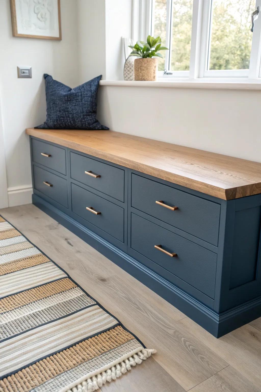 Clean-lined built‑in bench with flat drawers and warm wood top—modern storage that calms.