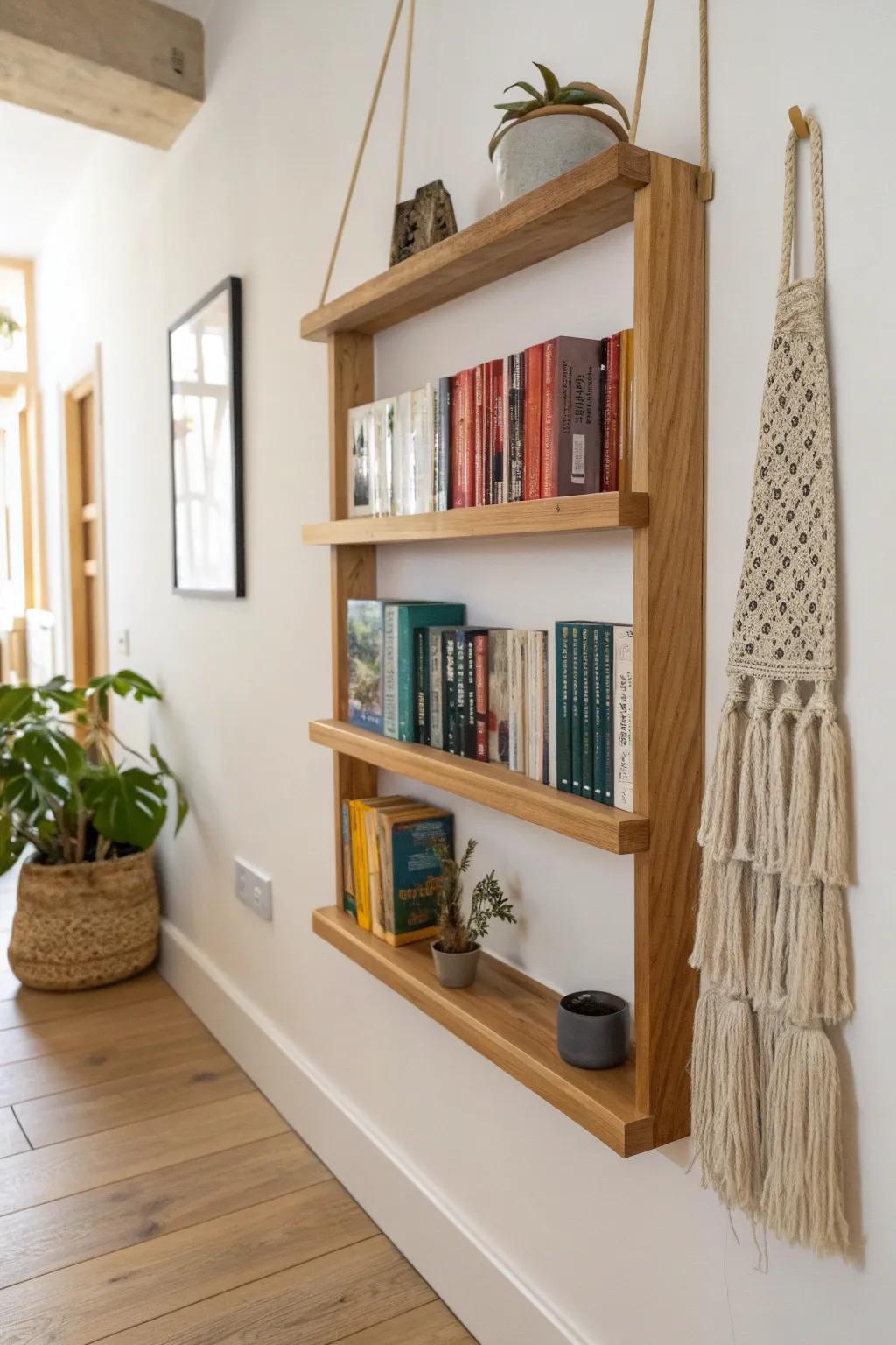 Turn a narrow hallway into a library gallery with slim picture-rail shelves and bold covers.