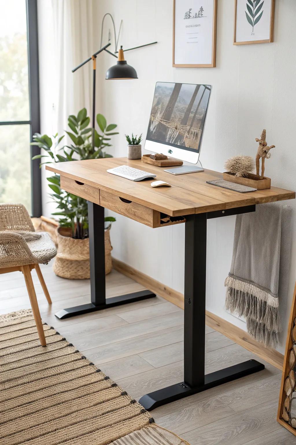 Sturdy oak desktop with batten reinforcement—made for smooth sit-stand switching all day.
