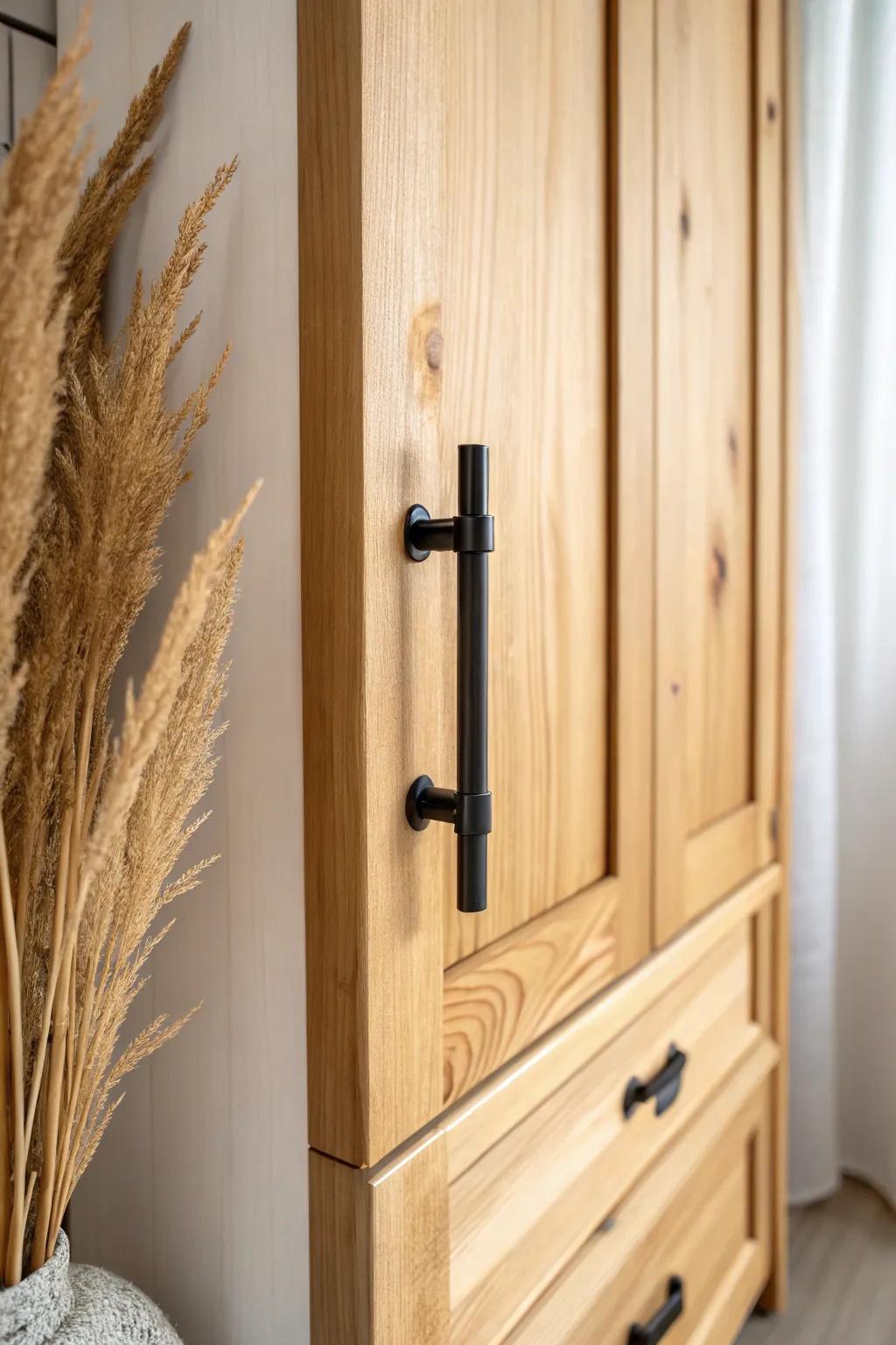 Matte black pulls bring crisp, modern contrast to warm log cabin woodwork—easy upgrade.