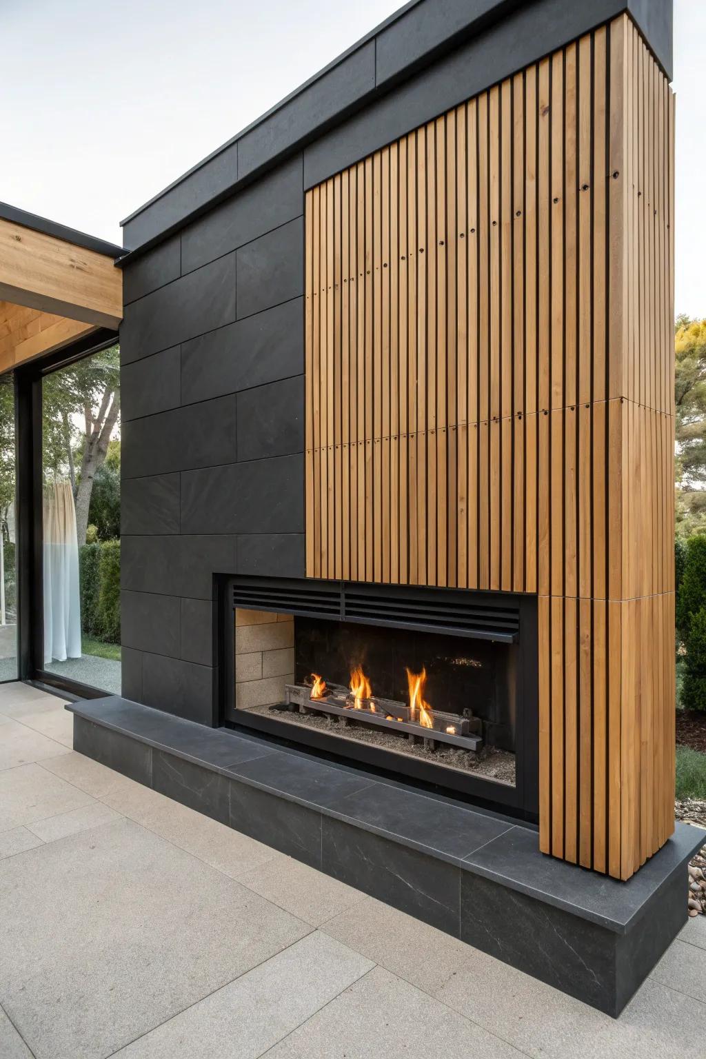 Vertical wood slats + a sleek modern firebox for that warm, custom luxury-hotel vibe.