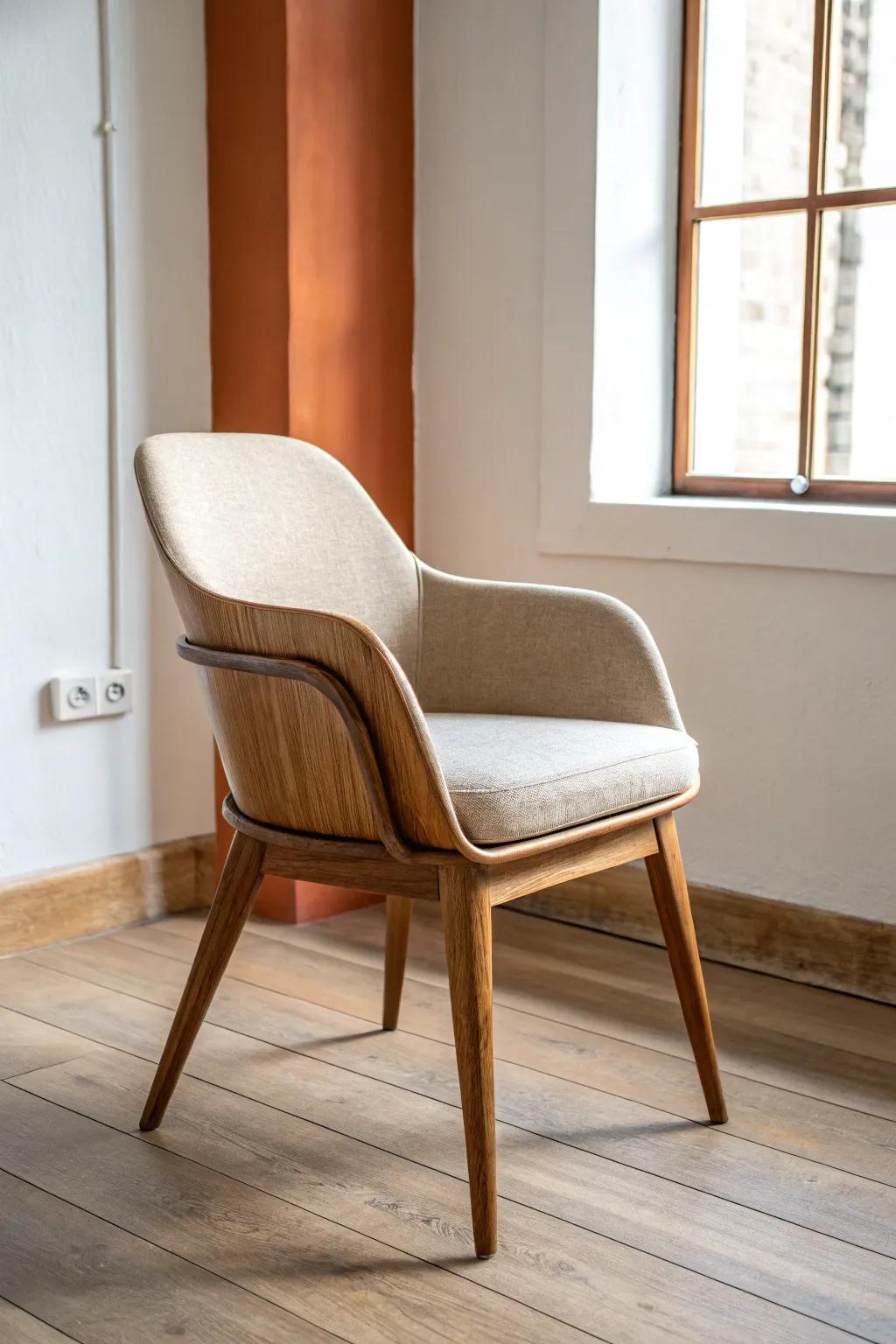Modern oak-framed upholstered chair: neutral linen, bold accents, and timeless craftsmanship.
