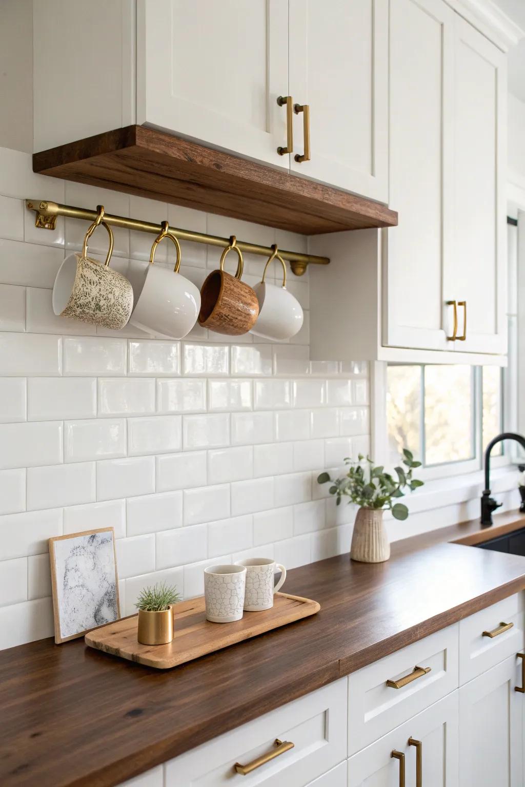 A slim under-cabinet shelf ledge keeps daily mugs close—minimal, warm wood, and so practical.