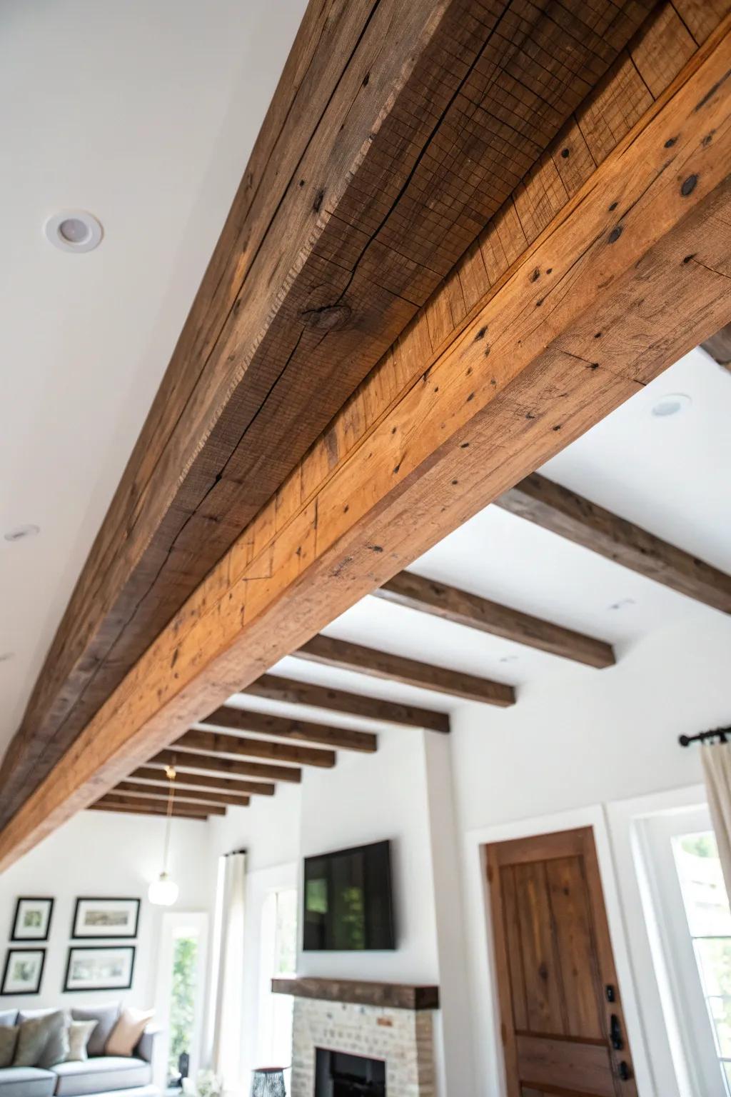 A single reclaimed beam adds instant architecture—modern, shabby-chic warmth without orange tones.